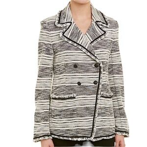 1.State NWT Double Breasted Fringe Tweed Jacket Blazer Black White Size 6